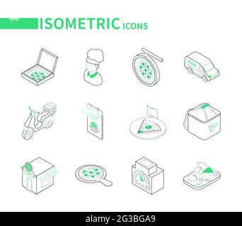 Pizza Lieferung - moderne Linie isometrische Icons Set. Online-Bestellung von Lebensmitteln, italienisches Café mobile App Idee. Kochen, LKW, Roller, Scheiben auf dem Teller, restau Stock Vektor