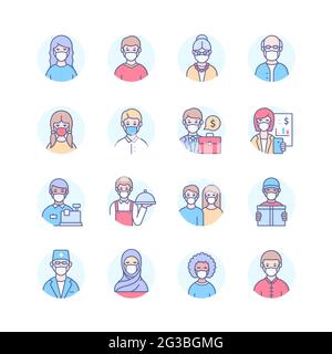 Menschen in Gesichtsmasken - moderne Linie Design Stil Icons gesetzt. Personen unterschiedlichen Alters, Geschlechts, ethnischer Zugehörigkeit, Berufe, die persönliche Schutzausrüstungen tragen Stock Vektor