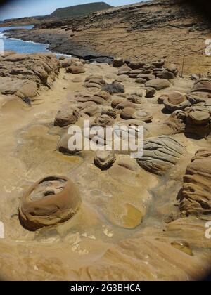 Vulkanische Sedimentformationen auf der Insel Lemnos, Ägäis, Griechenland Stockfoto