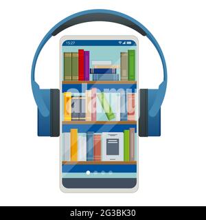 Hörbücher Konzept. Hören von E-Books im Audioformat. Bücher online, Kopfhörer. Banner für Online-Schulungen Stock Vektor