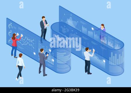 Isometrisches Expertenteam für Datenanalyse, Geschäftsstatistik, Management, Consulting, Marketing. B2B. Daten und wichtige Leistungsindikatoren für das Unternehmen Stock Vektor