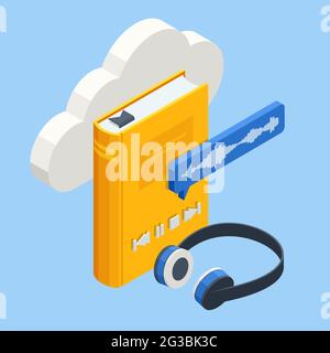 Isometrisches Hörgerätekonzept. Hören von E-Books im Audioformat. Bücher online. Banner für Online-Schulungen Stock Vektor