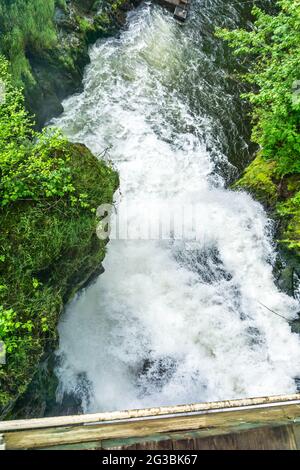 Wildwasser rauscht durch den unteren Teil der Tumwater Falls. Stockfoto