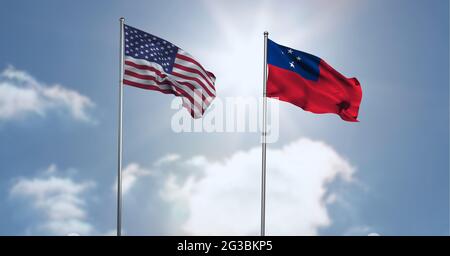 Amerikanische und samoanische Flagge winkt gegen Wolken am blauen Himmel Stockfoto