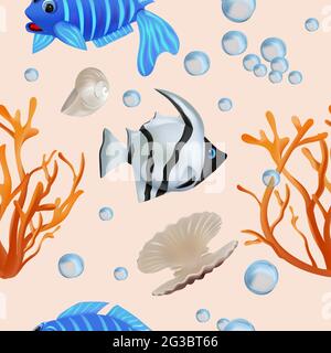 Nahtloses Muster mit tropischen Fischen, Muscheln, Korallen. Muster mit Unterwasserwelt für dein Design. Vektorgrafik. Stock Vektor