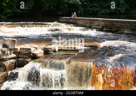 Eine Mutter und eine Tochter sitzen und schauen auf die Richmond Falls. Eine Reihe von Wasserfällen entlang des Flusses Swale in Richmond in North Yorkshire. Stockfoto