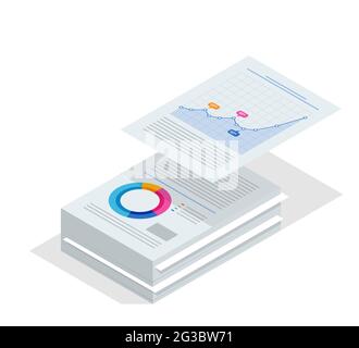 Isometrischer Dokumentenstapel. Bürokratiekonzept. Datenanalyse, Unternehmensstatistik, Management, Beratung, Marketing. Stock Vektor