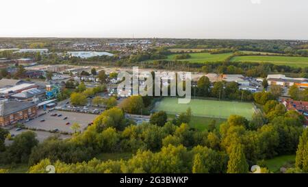 Luftaufnahme des Fußballplatzes in Colchester, Essex Stockfoto