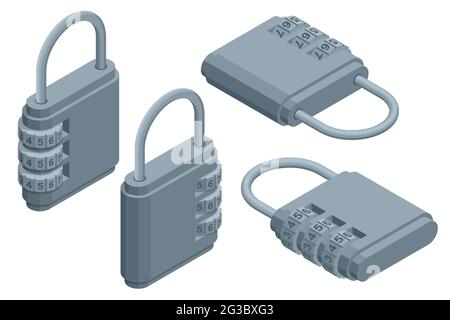 Isometrisches Set von Symbolen von Vorhängeschlössern, die auf weißem Hintergrund isoliert sind. Zahlenkombination Sicherheitscode schwarzes Blockschloss Stock Vektor