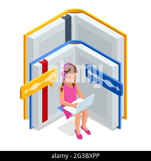 E-Learning, Online-Bildung zu Hause. Isometrisches Konzept für digitales Lesen, E-Klassenraum-Lehrbuch, moderne Bildung, Online-Schulungen und -Kurse, Audio Stock Vektor