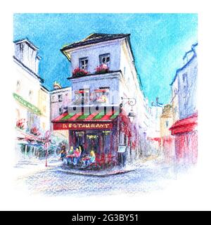 Skizze mit wasserfarbenen Bleistiften eines typischen Pariser Restaurants am Montmartre, Paris, Frankreich. Stockfoto