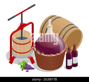 Isometrisches Konzept zur Weinherstellung, zum Pressen und Pressen von Trauben, zur Reifung und Abfüllung. Weinlese-Weinpresse mit rotem Most und Spiralschraube Stock Vektor