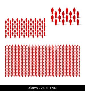 Kleine, mittlere und große Menschenmenge. Personengruppe. Stick Figur rot einfache Symbole. Vektorgrafik. Stock Vektor