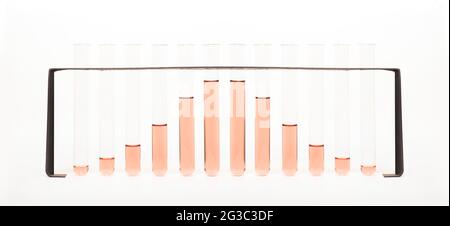 Reagenzgläser in einem Rack. Grafische Darstellung für ein Balkendiagramm, Statistiken, Daten für Wissenschaft, Medizin, Biologie, Biomedizinisches Labor. Stockfoto