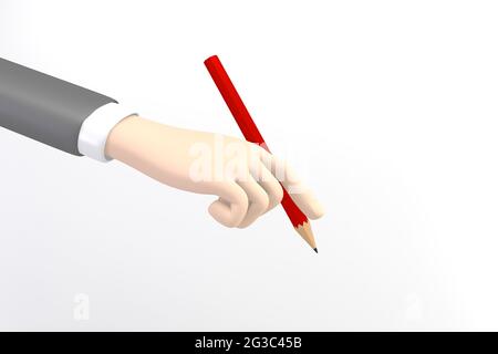 Business Cartoon Mockup Hand mit einem roten Bleistift auf weißem Hintergrund. 3D-Rendering Stockfoto