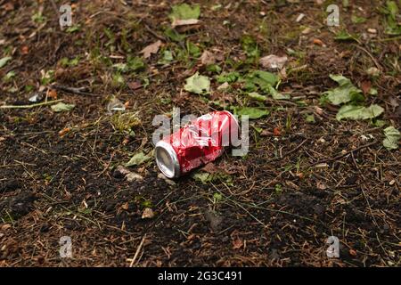 WEISSRUSSLAND, NOVOPOLOTSK - 14. JUNI 2021: Zerknitterte Coca-Cola-Dose im Gras aus nächster Nähe Stockfoto