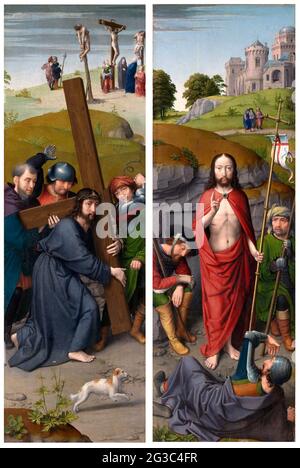 Christus trägt das Kreuz, mit der Kreuzigung und der Auferstehung, mit den Pilgern von Emmaus von Gerard David (1460-1523), Öl auf Eichenholz, c. 1510 Stockfoto