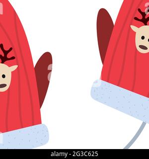 Neujahr und Weihnachten Fäustlinge auf einem schönen Band mit einem Bild von einem Reh. Vektor-Illustration., Neujahr und Weihnachten Fäustlinge auf einem schönen ri Stock Vektor