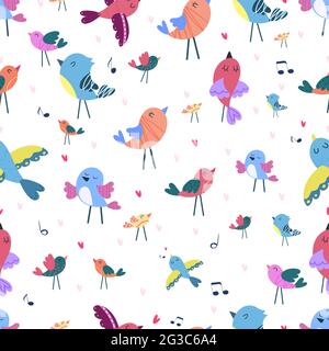 Nahtloses Muster. Die Vögel singen. Niedliche Vektor-Illustration in flachem Stil., nahtloses Muster. Die Vögel singen. Niedliche Vektor-Illustration in Stock Vektor