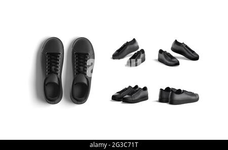 Blank schwarze Leder Sneakers mit Spitzen-Paar Mockup, verschiedene Ansichten Stockfoto