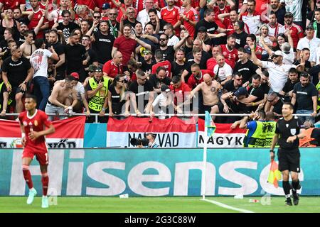 15. Juni 2021, Ungarn, Budapest: Fußball: Europameisterschaft, Ungarn - Portugal, Vorrunde, Gruppe F, Matchday 1 in der Puskás Arena. Ungarische Fans sind auf der Tribüne. Wichtig: Nur für redaktionelle Nachrichtenberichte. Ohne vorherige schriftliche Genehmigung der UEFA nicht für kommerzielle oder Marketingzwecke verwendet. Bilder müssen als Standbilder erscheinen und dürfen keine Matchaction-Videoaufnahmen emulieren. Fotos, die in Online-Publikationen veröffentlicht werden (ob über das Internet oder anderweitig), müssen zwischen der Veröffentlichung mindestens 20 Sekunden lang liegen. Foto: Robert Michael/dpa-Zentralbild/dpa Stockfoto