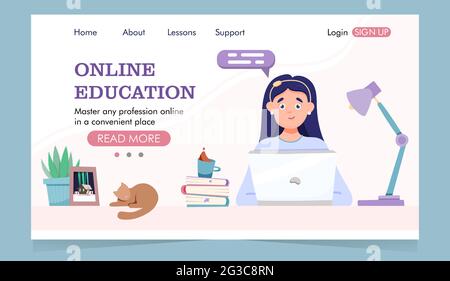 Online-Bildung Landing Page. Mädchen sitzt auf einem Laptop und Bücher. Stock Vektor