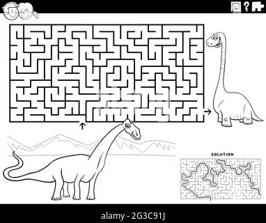 Schwarz-Weiß-Cartoon-Illustration der pädagogischen Labyrinth Puzzle-Spiel für Kinder mit lustigen Dinosaurier-Zeichen Färbung Buchseite Stock Vektor