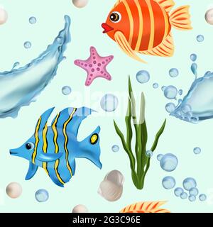 Unterwasserwelt Nahtloses Muster mit tropischen Fischen, Algen, Seesternen, Perlen, Muscheln, Wasserspritzer. Zeichentrickfigur. Vektorgrafik. Stock Vektor