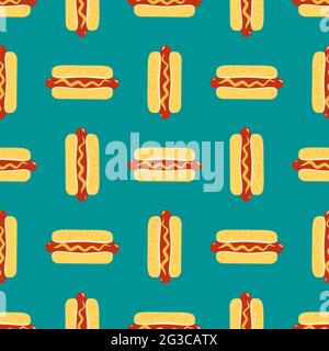 Hot Dogs Zeichen Vektor nahtlose Muster Hintergrund. Gebratene Wurst in Brötchen, Senf Cartoon Design-Element. Stock Vektor