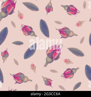 Nahtloses Blumenmuster aus Rosenknospen mit Blättern auf pastellfarbenem Hintergrund Stockfoto