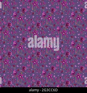 Blumenhintergrund von hellen Frühlingsblumen mit Schmetterlingen auf lila Hintergrund für Mode, Druck, Textil, Stoff und Karte Hintergrund Stockfoto
