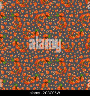 Nahtloses Muster aus hellen Frühlingsblumen und Zweigen auf dunklem Hintergrund Stockfoto