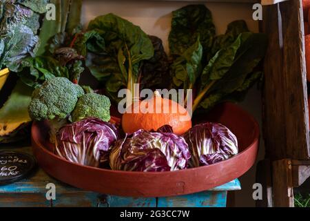 Eine Vielzahl von frischem Gemüse in einer Schüssel mit Kürbis, Salat und Brokkoli , horizontal angezeigt Stockfoto