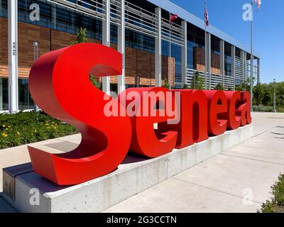 3D-Schild am Seneca College, wo sich ein COVID-19-Impfzentrum in Toronto, Kanada, befindet Stockfoto