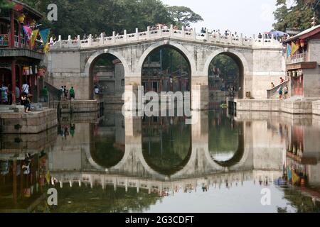 Blick vom Sommerpalast mit schöner Brücke, suzhou Straße, Peking, China Stockfoto