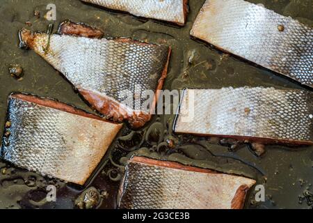 Lachsstücke mit Haut in Speiseöl und einige Kräuter auf der Bratpfanne - zum Backen Stockfoto