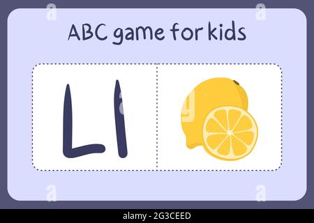 Kind Alphabet Mini-Spiele im Cartoon-Stil mit dem Buchstaben L - Zitrone. Vektor-Illustration für Spiel-Design - Schneiden und spielen. Lerne abc mit Flash-Karten für Obst und Gemüse. Stock Vektor