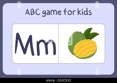 Kind Alphabet Mini-Spiele im Cartoon-Stil mit dem Buchstaben M - Mango. Vektor-Illustration für Spiel-Design - Schneiden und spielen. Lerne abc mit Flash-Karten für Obst und Gemüse. Stock Vektor