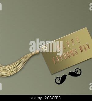 Happy Fathers Day Karte mit goldenem Text Happy Fathers Day auf goldenem Geschenkanhänger mit Quaste, Schnurrbart auf pastellgrünem Grunge-Hintergrund. Für Text platzieren. 3D Stockfoto
