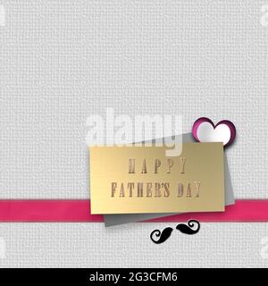 „Vatertag“-Design-Karte. Happy Fathers Day Goldtext auf Geschenkanhänger, Schnurrbart, 3D-Herz auf rosa Band. Romantischer Gruß zum Vatertag. Für Text platzieren. Stockfoto