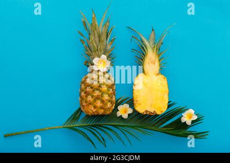 Ananas ganze tropische Sommer Ananas Früchte und Ananas in Scheiben geschnitten Hälften mit tropischen Plumeria Blumen Zusammensetzung auf blaue Farbe Sommer Stockfoto