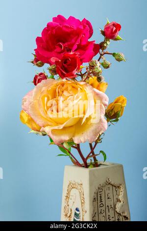 Fotografie eines Straußes aus natürlichen Blumen aus gelben und roten Rosen in einer Tonvase auf blauem Hintergrund.das Foto wurde in einem Studio mit Künstlergarnikien aufgenommen Stockfoto