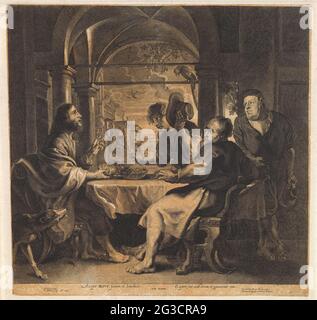 Essen in Emmaüs. Christus und zwei Apostel sitzen um einen Tisch in einer Herberge. Christus bricht das Brot und verkündet so seine Identität. Die Apostel reagieren schockiert. Ein Papagei über dem Tisch. Im Hintergrund eine Landschaft und eine Fledermaus, die durch die Luft fliegt. Ein Bibelzitat von Luc am Rande. 24 in Latein. Stockfoto