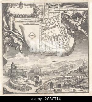 Grundriß und Gesicht auf dem Vatikan; Plan du Conclave. Blick auf den Vatikan mit der Stacht de St Pieterskerk und der Engelenburcht. Oben eine Karte, die von zwei Engeln flankiert wird. Stockfoto