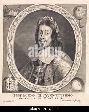 Porträt des deutschen Kaiser Ferdinand III. Porträt Ferdinand III., deutscher Kaiser, mit Lorbeerkranz auf dem Kopf und dem Ordnungszeichen des goldenen Fleece auf der Brust. In den Ecken rund um das Porträt eine Kugel, reich, Kaiser Krone und Krone mit Zepter. Am Ende seines Namens und seiner Funktion auf Italienisch. Stockfoto