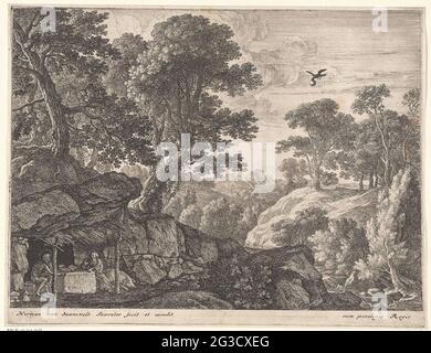 H. Antonius De Grote besucht H. Paulus de Hermit; Landschaften mit bußfertigen Heiligen. In einer felsigen Landschaft mit Baumarties befinden sich der Heilige Paulus und der Heilige Antonius unter einem Weidenschuppen für eine Höhle. Zwischen ihnen ist ein schräg gehautes Buch und ein Schädel auf einem großen Stein. Bei Antonius' Schoot ist ein Stock und ein Schwein schläft neben ihm. In der Ferne rechts fliegt ein Rabe mit Brot im Schnabel in Richtung der beiden Heiligen. Stockfoto