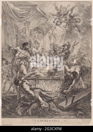 Das Martyrium von H. Laurentius; S. Laurentius. Der Diakon Laurentius wird über einem Feuer geröstet. Er konzentriert sich auf die Hälfte, um sich umzudrehen. Im Vordergrund arbeiten die Bediensteten mit einem Balg und zusätzlichem Kraftstoff weiter am Feuer. Der römische Präfekt blickt von einem Stuhl auf einen Balkon. Eine große Gruppe von Zuschauern rund um Laurentius. In der Luft zwei Engel mit einem Palmenzweig und einem Lorbeerkranz. Stockfoto