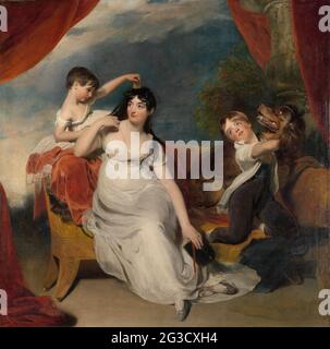 Maria Mathilda Bingham mit zwei ihrer Kinder. Der englische Porträtist Thomas Lawrence war ein Meister in dieser Art von informellen familientableaus. In diesem Porträt fehlt der Vater Henry Baring. Nach der Blickrichtung von Maria Mathilda Bingham und ihrem Sohn zu urteilen, muss er links gestanden haben. Maria ließ sich von ihrem Mann scheiden und dann das Gemälde auf dieser Seite reduzieren. Vermutlich wurde dies von dem Künstler getan, der dann einen Vorhang malte, um die Komposition zu verschließen. Stockfoto