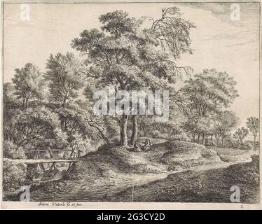Frau mit Kind auf einer Holzbrücke; große Landschaften, Serie B. Links eine Frau geht mit einem kleinen Kind über eine Holzbrücke. Unter der Brücke fließt ein Strom. Rechts zwei Reisende ruhen auf einem Waldweg. Stockfoto