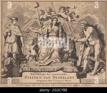 Allegorie auf die Republik der Sieben Vereinigten Niederlande; Figur des weitreichenden Bauern / Lektion principales villes des Pais-Bas; Hauptstädte der Republik der Sieben Vereinigten Niederlande. In der Mitte ist die Personifizierung der Republik der Sieben Vereinigten Niederlande mit einem Pfeilen-Paket in der Hand. Zwei Putten legen Wertsachen auf ihren Schoß und auf der anderen Seite liegt ein Löwe. Über ihr zwei Putti mit einem Palmenzweig als Siegeszeichen und einer Trompete. Auf der linken Seite ist Merkur und die rechten Hände Herkules Eichenblätter als Symbol der Macht für die Niederlande. In der Mitte des Titels der Serie Stockfoto